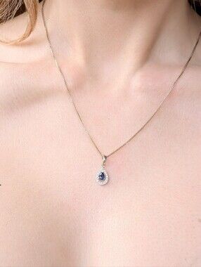 18K White Gold Genuine Blue Sapphire Diamond Pendant Necklace